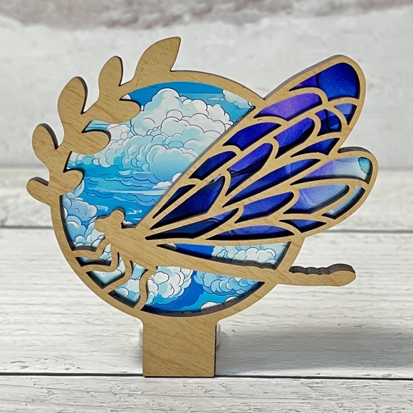 Dragonfly Night Light Stained Glass Look Wooden Plug In Wall Decor Handmade - Picture 3 of 10